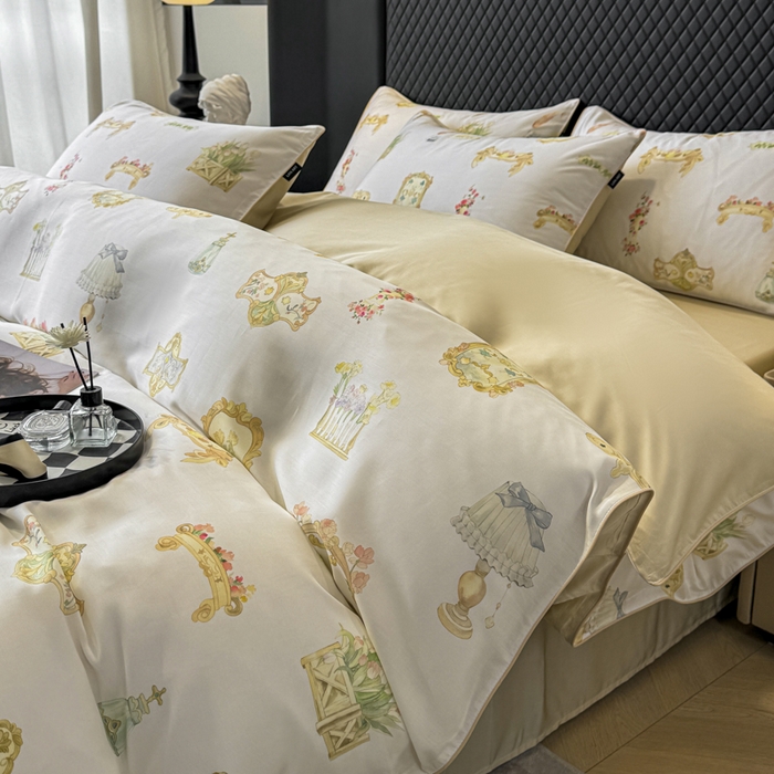 91家纺网 家纺一手货源 找家纺 芊寻家居 2025春夏新款50支莱赛尔天丝贡缎数码印花麻绳款四件套高端礼盒 洛丽塔米