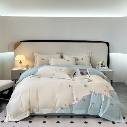 91家纺网 家纺一手货源 找家纺 2025新款青柚蝶影磨毛刺绣四件套 蝶影-白蓝