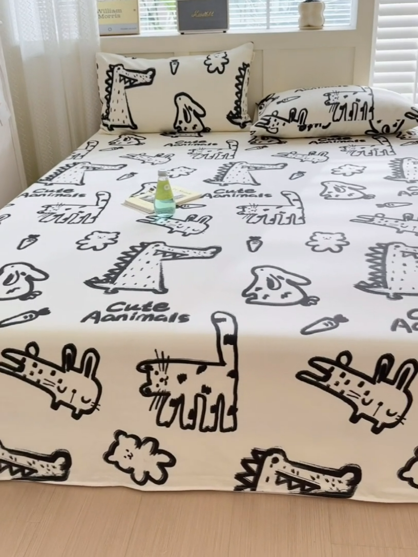 91家纺网 家纺一手货源 找家纺 吉象家纺 2025新款老粗布三件套-床单款 漫画家