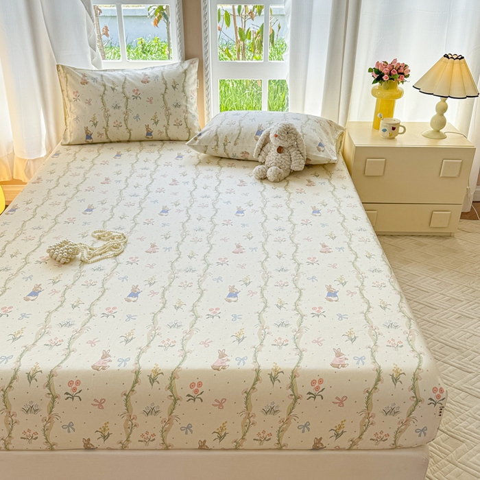 91家纺网 家纺一手货源 找家纺 2025新款老粗布三件套-床笠款 蔓藤兔