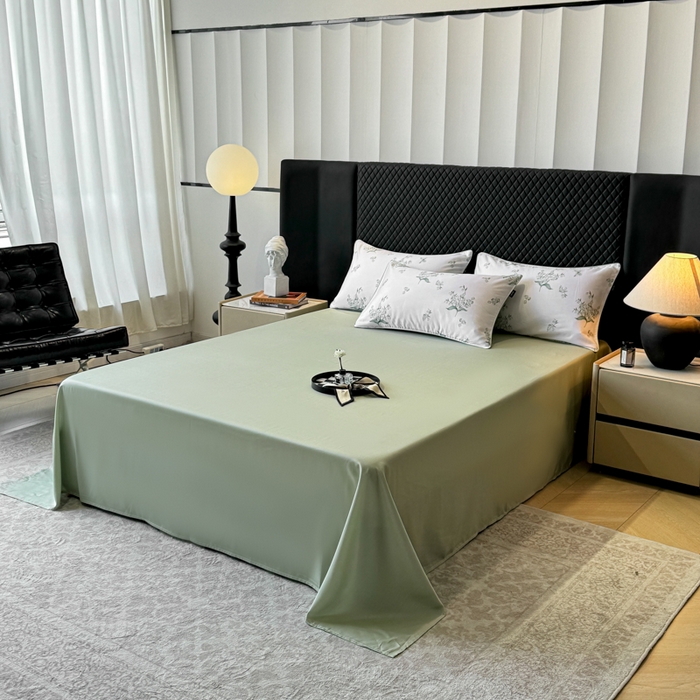 91家纺网 家纺一手货源 找家纺 芊寻家居 2025春夏新款50支莱赛尔天丝贡缎数码印花麻绳款四件套高端礼盒 铃兰花语绿