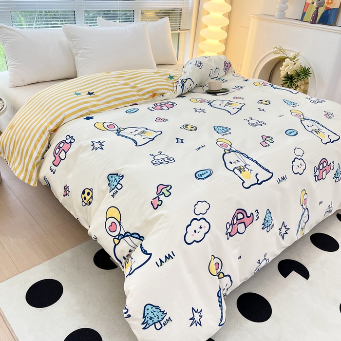 91家纺网 家纺一手货源 找家纺 依庭 2025新款全棉印花花卉款四件套单品系列-单被套 蜡笔恐龙