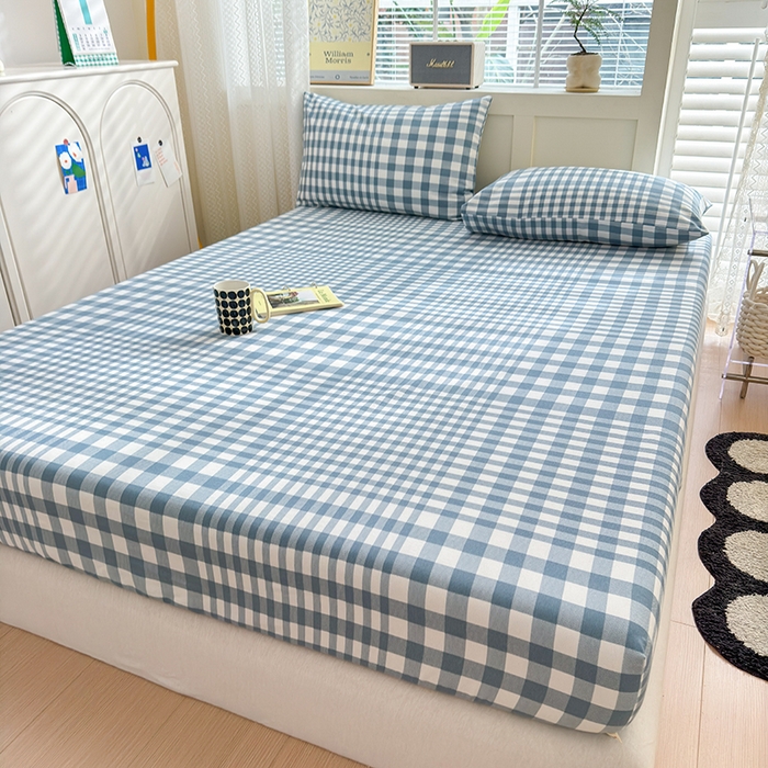 91家纺网 家纺一手货源 找家纺 2025新款老粗布三件套-床笠款 蓝格