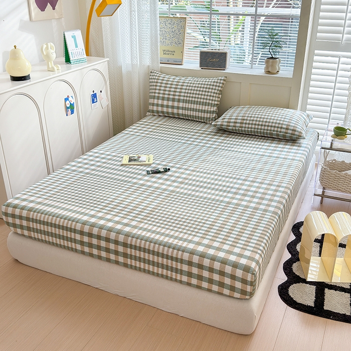 91家纺网 家纺一手货源 找家纺 2025新款老粗布三件套-床笠款 绿格