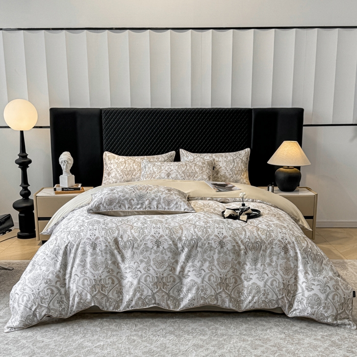 91家纺网 家纺一手货源 找家纺 芊寻家居 2025春夏新款50支莱赛尔天丝贡缎数码印花麻绳款四件套高端礼盒 伯爵咖