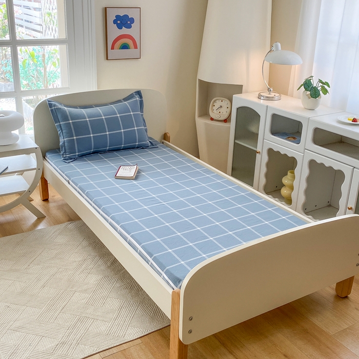 91家纺网 家纺一手货源 找家纺 凌云家纺 2025新款A类全棉水洗棉床垫套 蓝灰中格