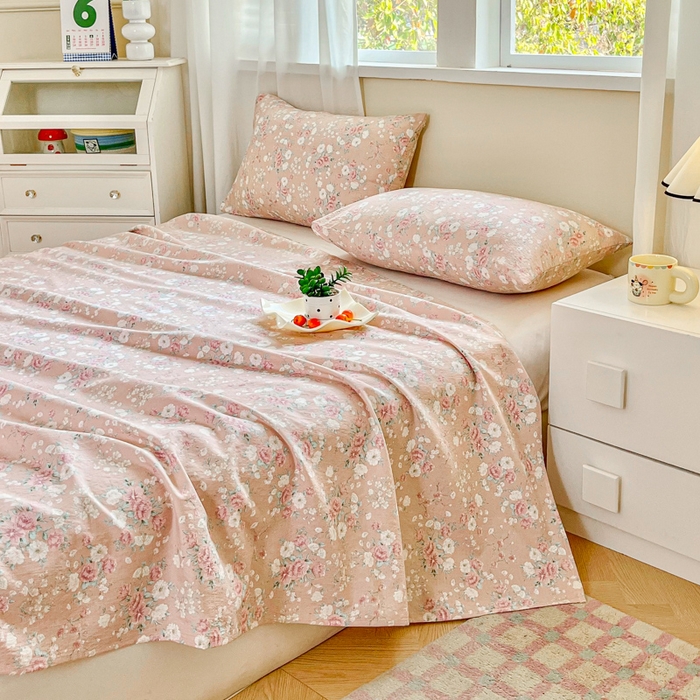 91家纺网 家纺一手货源 找家纺 优米家纺 2025新款ins小清新双层纱印花床单 梦回花海