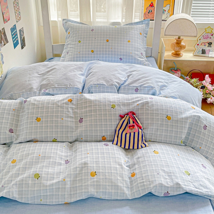 91家纺网 家纺一手货源 找家纺 卡普 2025新款爆款加厚卡通小清新全棉纯棉学生宿舍三件套床笠隔天可拿小橘柑