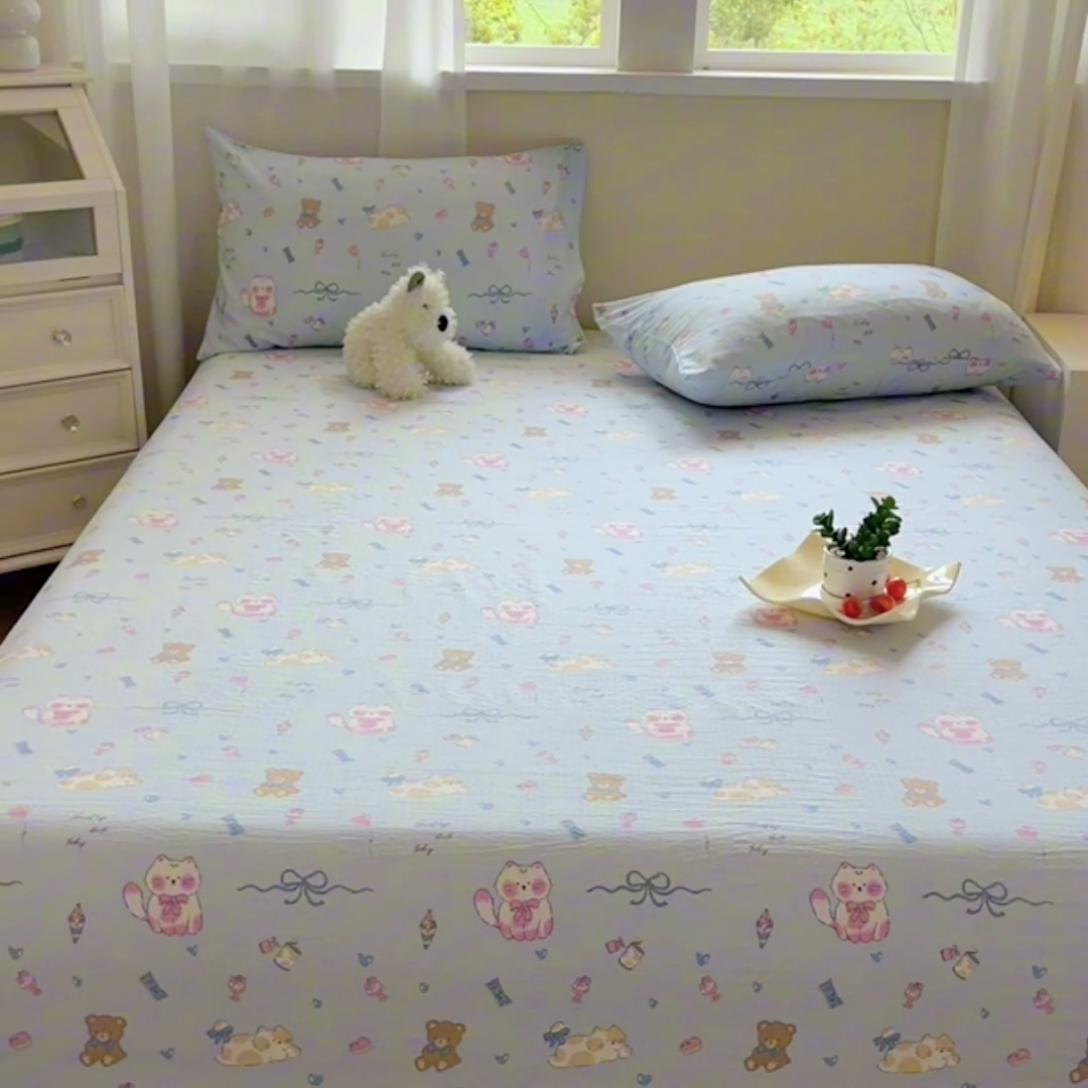 91家纺网 家纺一手货源 找家纺 优米家纺 2025新款ins小清新双层纱印花床单 罗曼花园