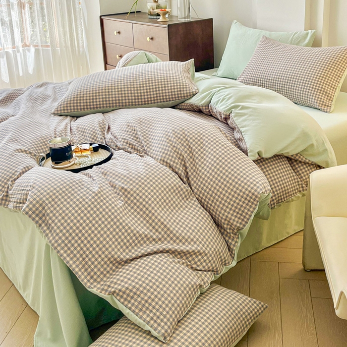 91家纺网 家纺一手货源 找家纺 优米家纺 2025新款色织双层纱木棉四件套 雾霾蓝+香草绿