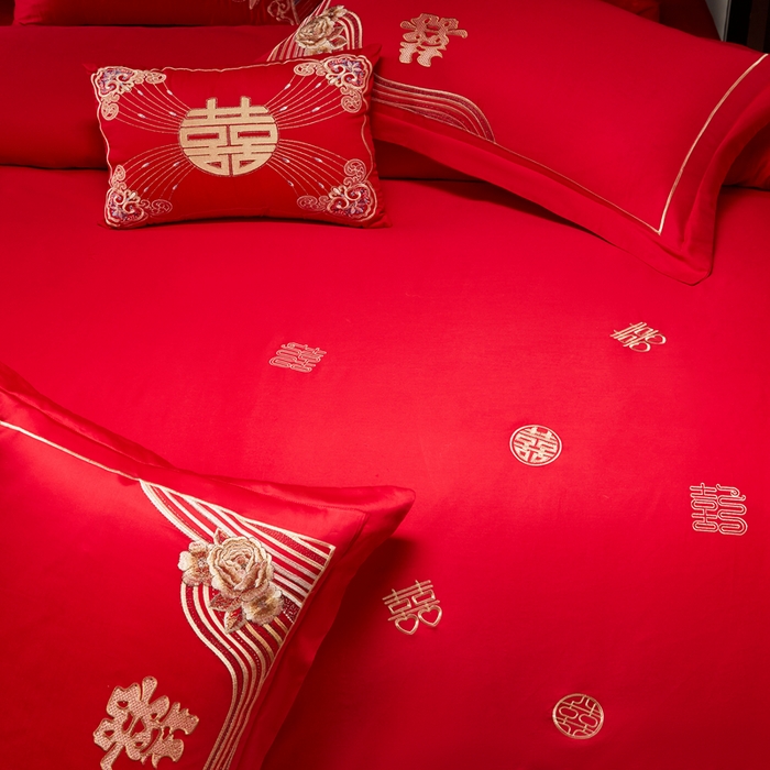 91家纺网 家纺一手货源 找家纺 振翼家纺婚庆专供 2025新款全棉长绒棉婚庆精致绣花四件套 喜相连金