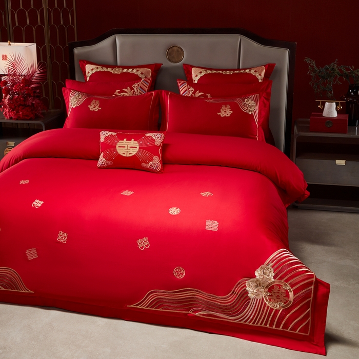 91家纺网 家纺一手货源 找家纺 振翼家纺婚庆专供 2025新款全棉长绒棉婚庆精致绣花四件套 喜相连金