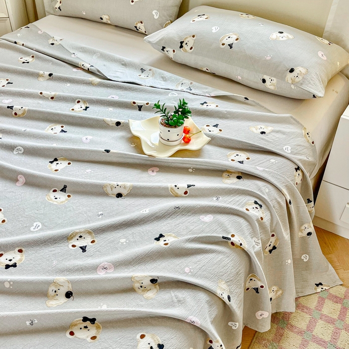 91家纺网 家纺一手货源 找家纺 优米家纺 2025新款ins小清新双层纱印花床单 爱心熊