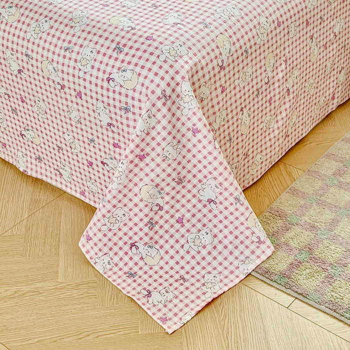 91家纺网 家纺一手货源 找家纺 优米家纺 2025新款ins小清新双层纱印花床单 格子猫咪