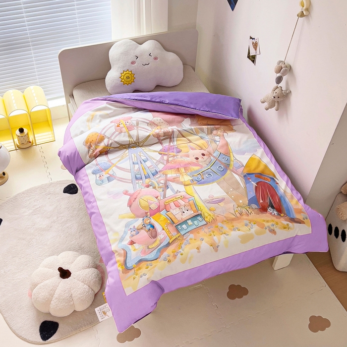91家纺网 家纺一手货源 找家纺 梵赫 2025新款卡通全棉A类夹棉两用幼儿园儿童夏被被套 摩天轮-紫