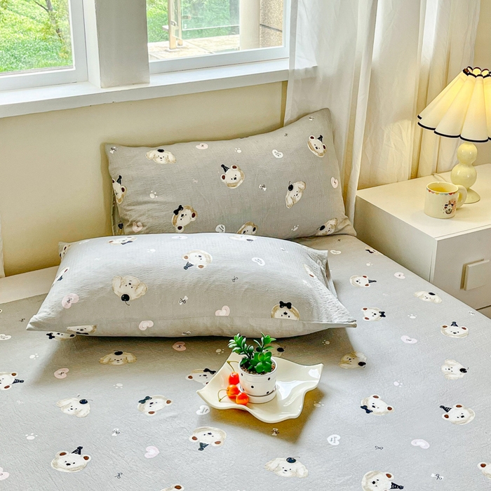 91家纺网 家纺一手货源 找家纺 优米家纺 2025新款ins小清新双层纱印花床单 爱心熊