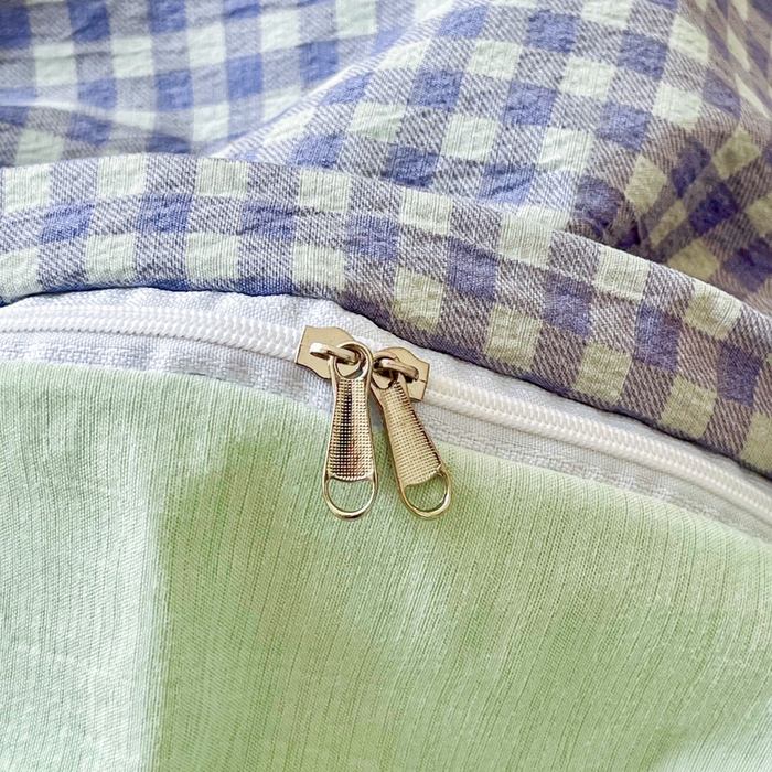 91家纺网 家纺一手货源 找家纺 优米家纺 2025新款色织双层纱木棉四件套 淡雅蓝+香草绿