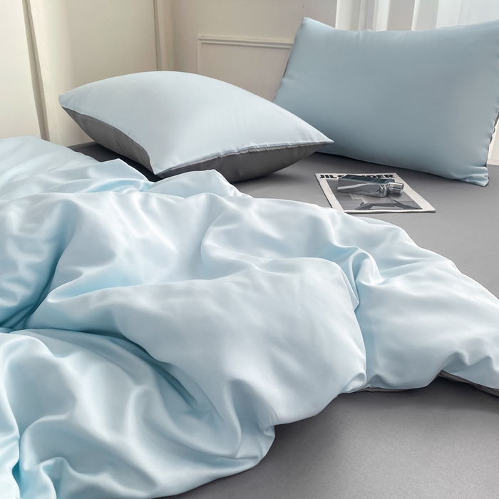 91家纺网 家纺一手货源 找家纺 乐沐家纺 2024新款夏季水洗冰丝四件套水洗真丝纯色双拼单被套-风格二 天空蓝灰