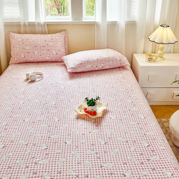 91家纺网 家纺一手货源 找家纺 优米家纺 2025新款ins小清新双层纱印花床单 格子猫咪