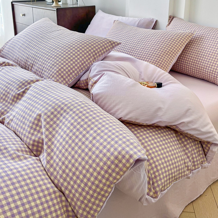 91家纺网 家纺一手货源 找家纺 优米家纺 2025新款色织双层纱木棉四件套 薰衣草紫+浅黄