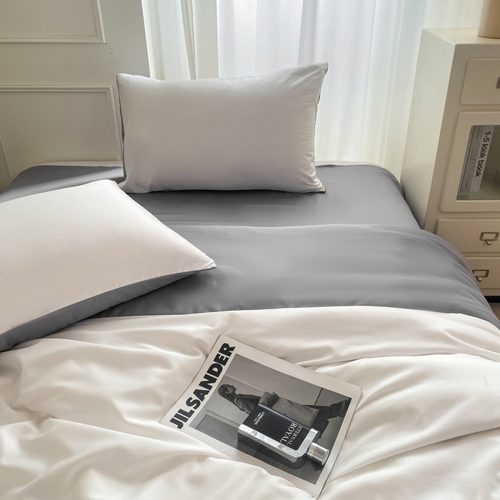 91家纺网 家纺一手货源 找家纺 乐沐家纺 2024新款夏季水洗冰丝四件套水洗真丝纯色双拼单被套-风格二 魔法灰白