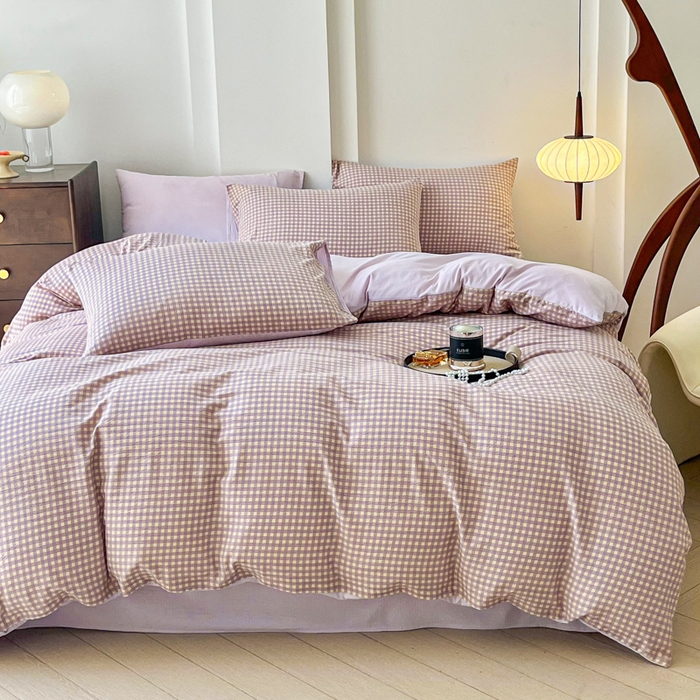 91家纺网 家纺一手货源 找家纺 优米家纺 2025新款色织双层纱木棉四件套 薰衣草紫+浅黄