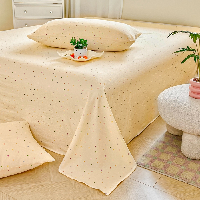 91家纺网 家纺一手货源 找家纺 优米家纺 2025新款ins小清新双层纱印花床单 五彩点点