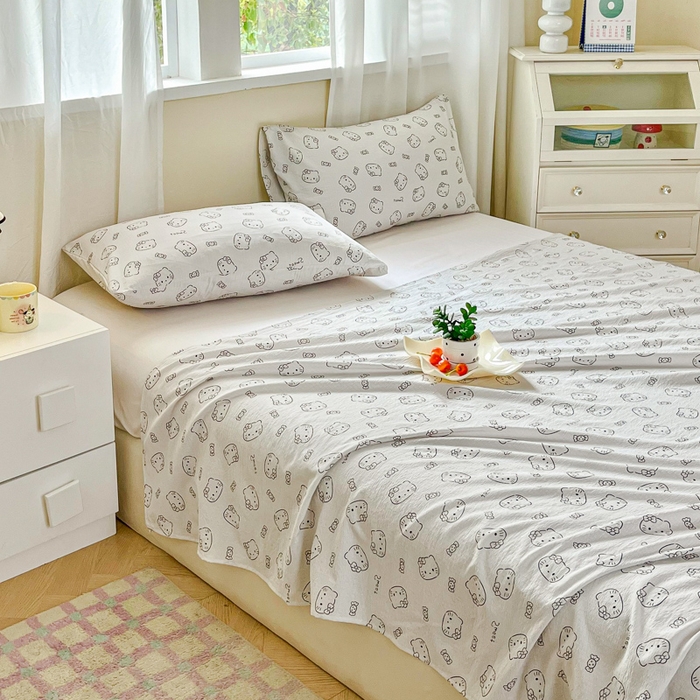 91家纺网 家纺一手货源 找家纺 优米家纺 2025新款ins小清新双层纱印花床单 奶猫