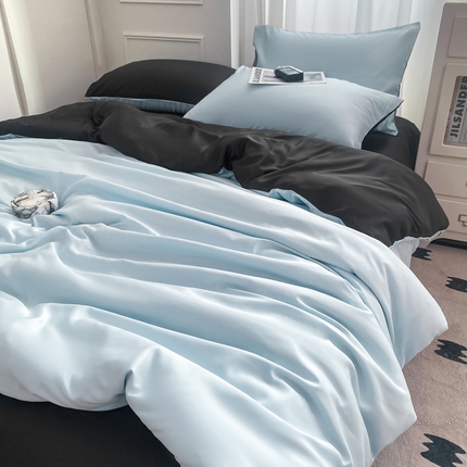 乐沐家纺 2024新款夏季水洗冰丝四件套水洗真丝纯色双拼单被套-风格二 天蓝墨黑
