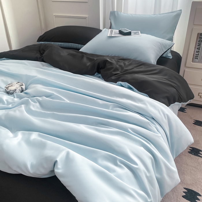 91家纺网 家纺一手货源 找家纺 乐沐家纺 2024新款夏季水洗冰丝四件套水洗真丝纯色双拼单被套-风格二 天蓝墨黑