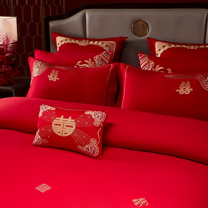 91家纺网 家纺一手货源 找家纺 振翼家纺婚庆专供 2025新款全棉长绒棉婚庆精致绣花四件套 喜相连金