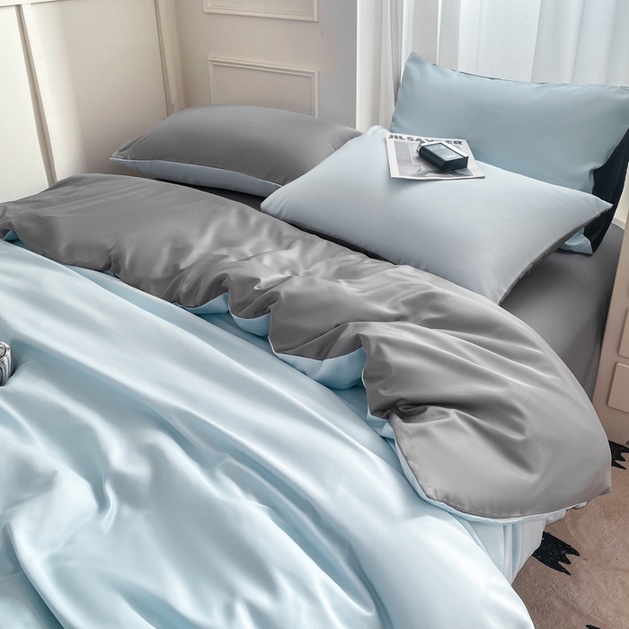 91家纺网 家纺一手货源 找家纺 乐沐家纺 2024新款夏季水洗冰丝四件套水洗真丝纯色双拼单被套-风格二 天空蓝灰