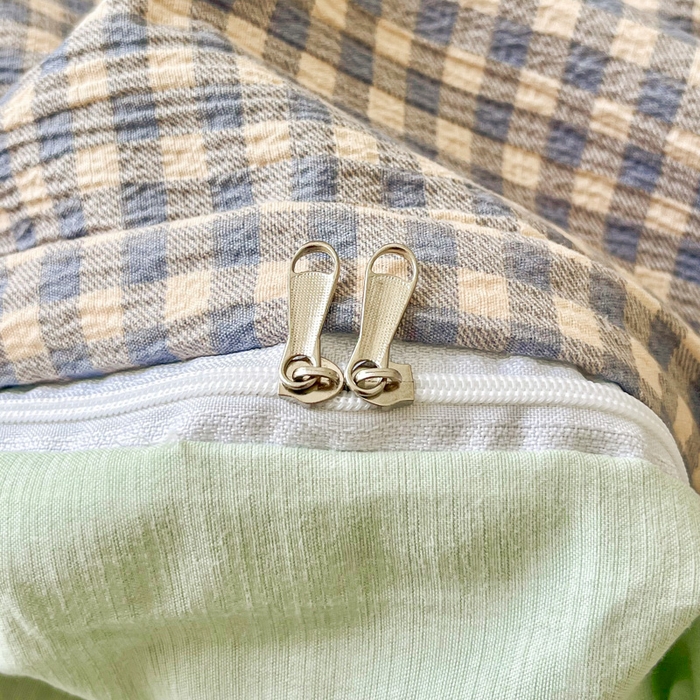 91家纺网 家纺一手货源 找家纺 优米家纺 2025新款色织双层纱木棉四件套 雾霾蓝+香草绿