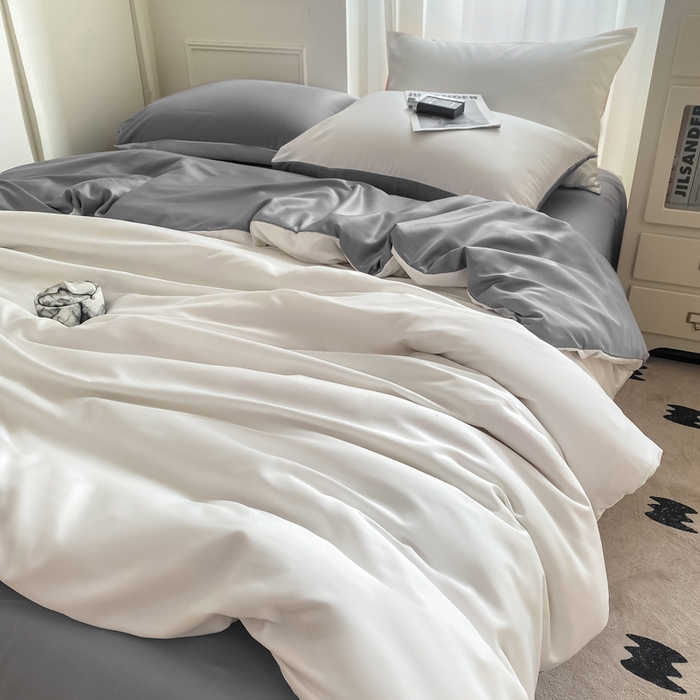 91家纺网 家纺一手货源 找家纺 乐沐家纺 2024新款夏季水洗冰丝四件套水洗真丝纯色双拼单被套-风格二 魔法灰白