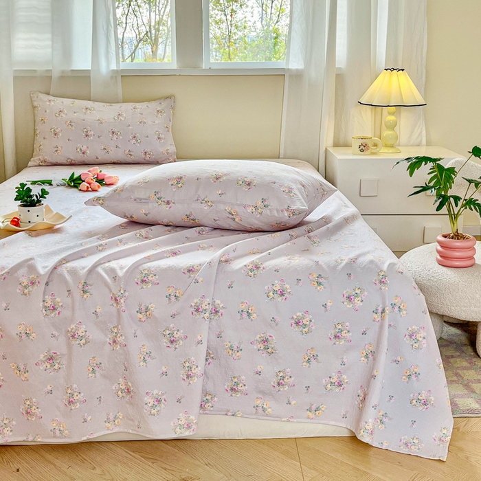 91家纺网 家纺一手货源 找家纺 优米家纺 2025新款ins小清新双层纱印花床单 罗曼花园