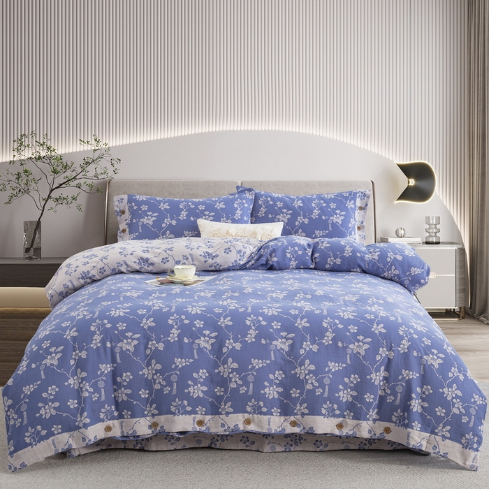 91家纺网 家纺一手货源 找家纺 鲁爱家纺供货 2025新款全棉色织双层纱纽扣四件套 春晖-浅兰