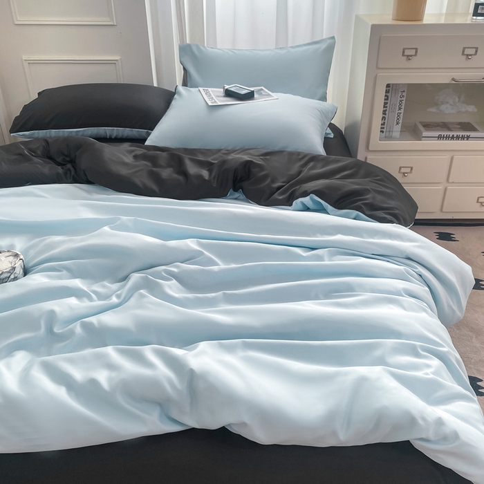 91家纺网 家纺一手货源 找家纺 乐沐家纺 2024新款夏季水洗冰丝四件套水洗真丝纯色双拼单被套-风格二 天蓝墨黑