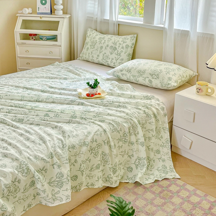 91家纺网 家纺一手货源 找家纺 优米家纺 2025新款ins小清新双层纱印花床单 锦绣花园