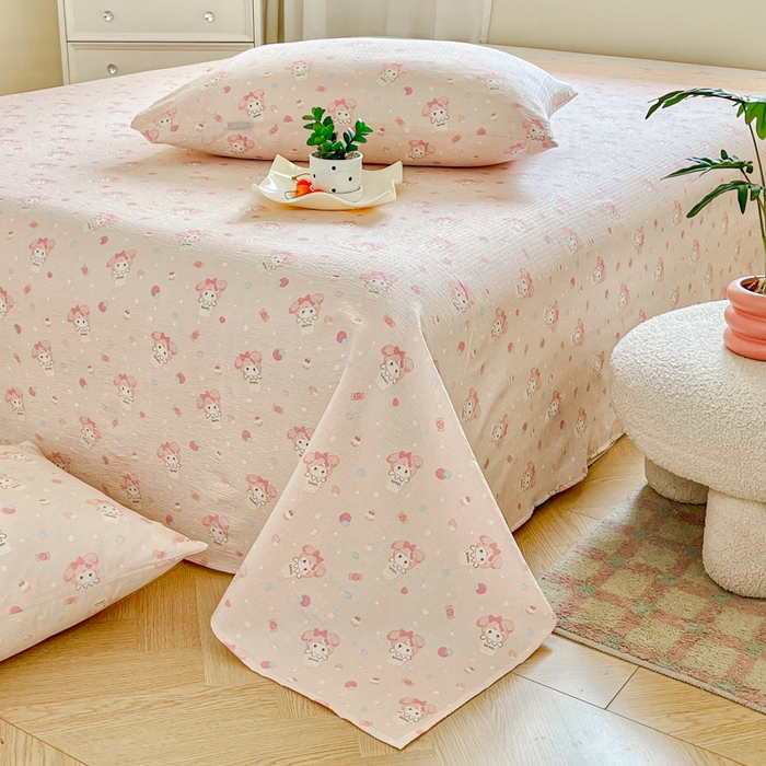 91家纺网 家纺一手货源 找家纺 优米家纺 2025新款ins小清新双层纱印花床单 美乐蒂