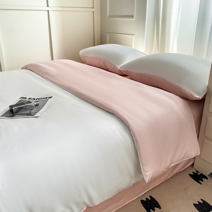 91家纺网 家纺一手货源 找家纺 乐沐家纺 2024新款夏季水洗冰丝四件套水洗真丝纯色双拼单被套-风格二 奶油粉白