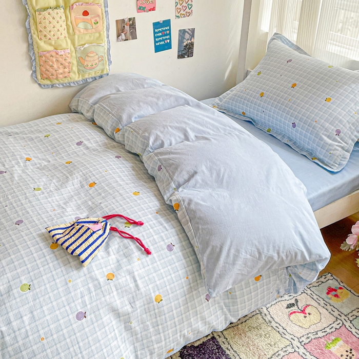 91家纺网 家纺一手货源 找家纺 卡普 2025新款爆款加厚卡通小清新全棉纯棉学生宿舍三件套床笠隔天可拿小橘柑