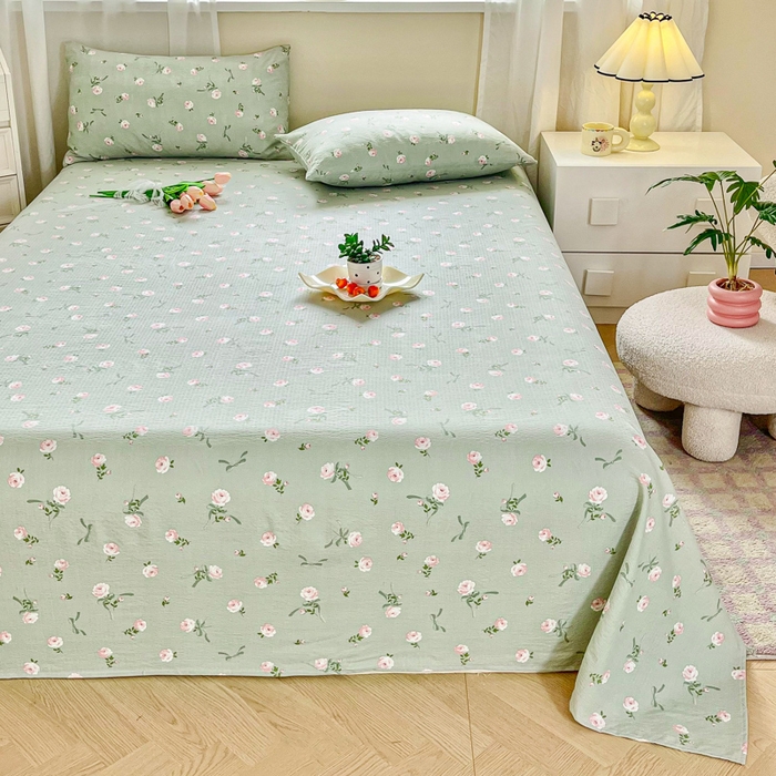 91家纺网 家纺一手货源 找家纺 优米家纺 2025新款ins小清新双层纱印花床单 午后蔷薇