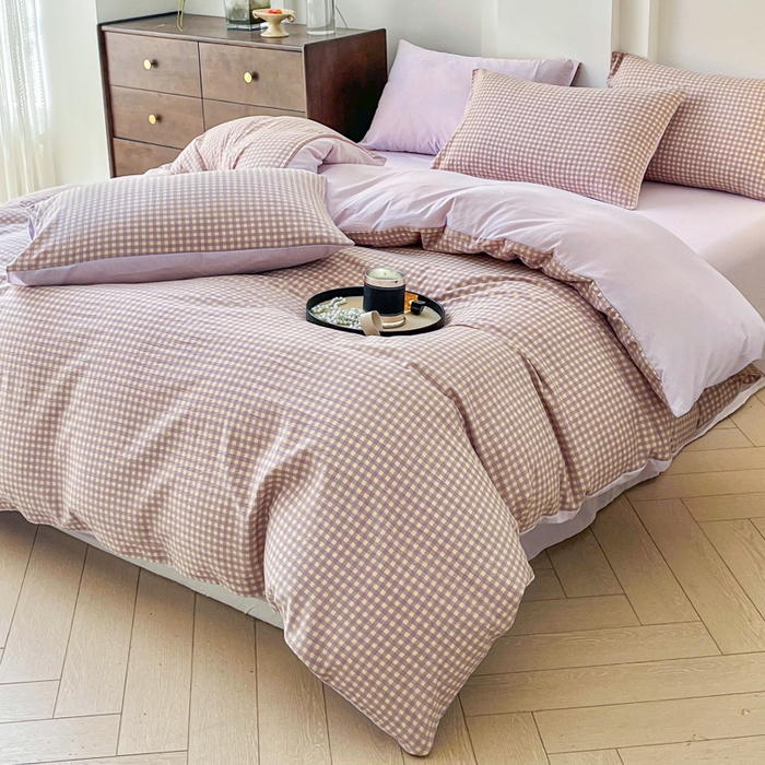 91家纺网 家纺一手货源 找家纺 优米家纺 2025新款色织双层纱木棉四件套 薰衣草紫+浅黄