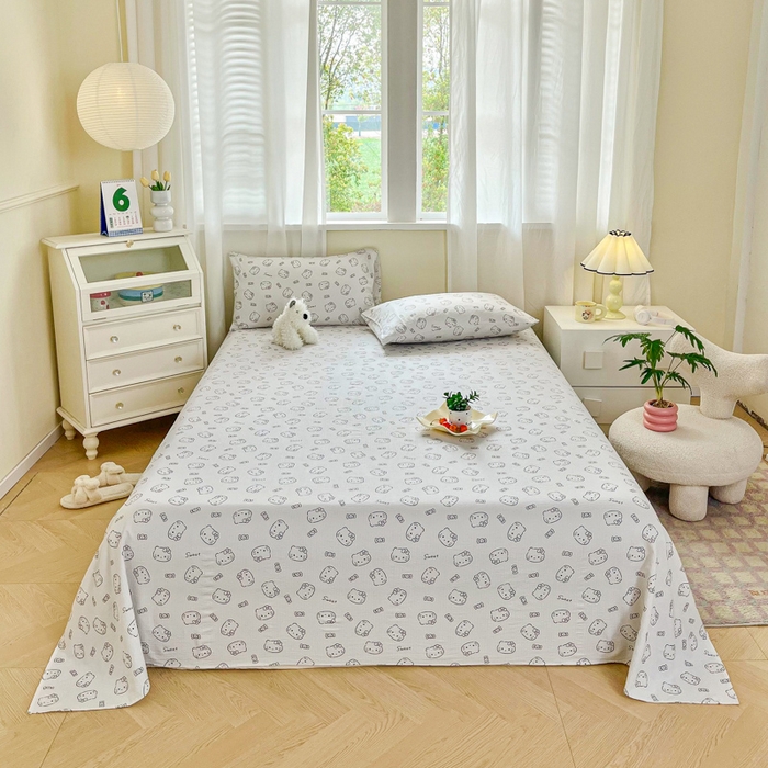 91家纺网 家纺一手货源 找家纺 优米家纺 2025新款ins小清新双层纱印花床单 奶猫