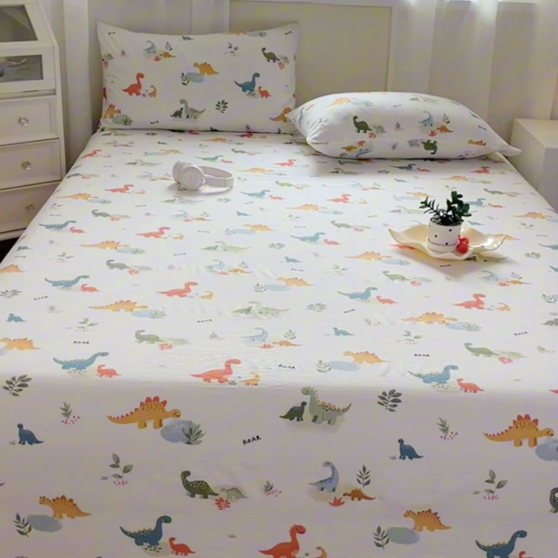 91家纺网 家纺一手货源 找家纺 优米家纺 2025新款ins小清新双层纱印花床单 恐龙乐园