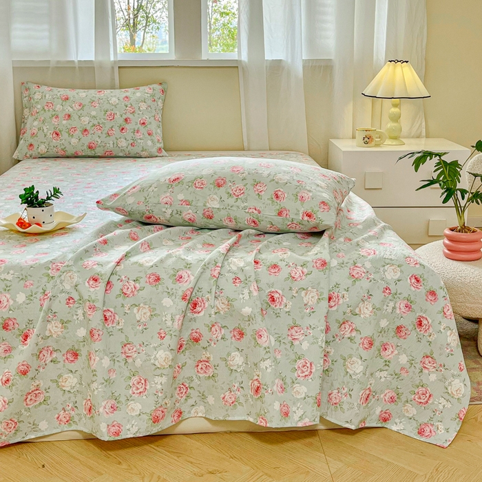 91家纺网 家纺一手货源 找家纺 优米家纺 2025新款ins小清新双层纱印花床单 牡丹花开