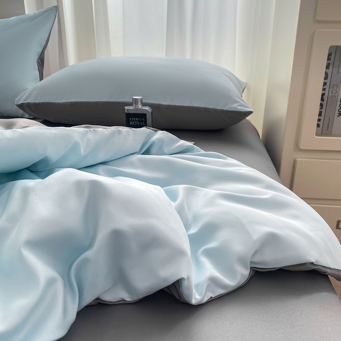 91家纺网 家纺一手货源 找家纺 乐沐家纺 2024新款夏季水洗冰丝四件套水洗真丝纯色双拼单被套-风格二 天空蓝灰