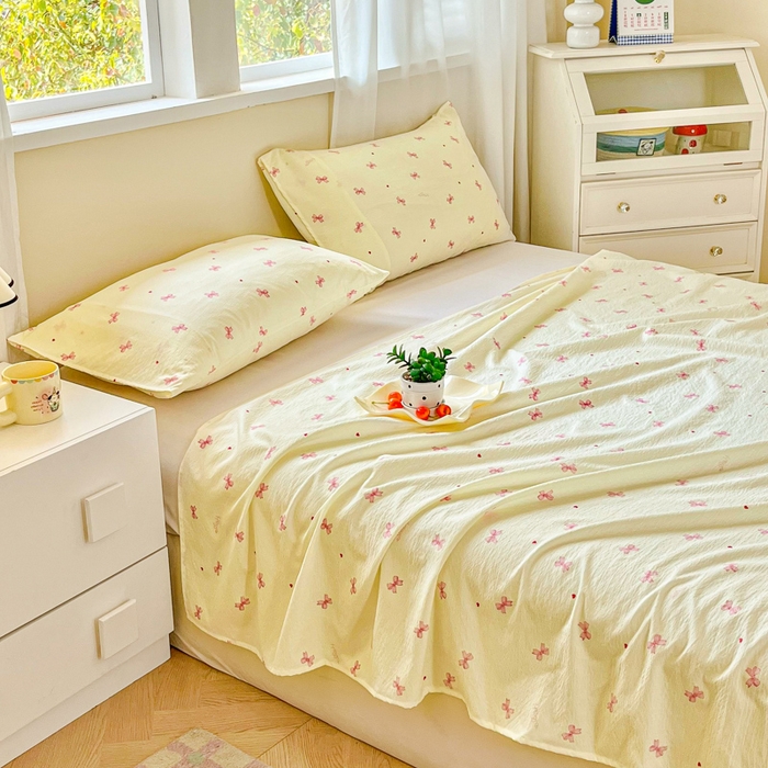 91家纺网 家纺一手货源 找家纺 优米家纺 2025新款ins小清新双层纱印花床单 蝴蝶结