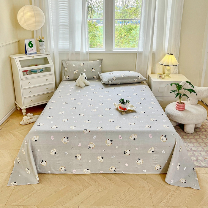 91家纺网 家纺一手货源 找家纺 优米家纺 2025新款ins小清新双层纱印花床单 爱心熊