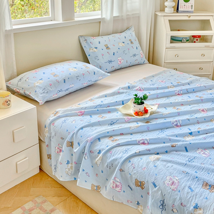 91家纺网 家纺一手货源 找家纺 优米家纺 2025新款ins小清新双层纱印花床单 奇趣乐园